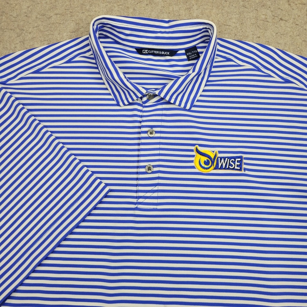 Cutter Buck Polo Shirt Mens 2XL Blue Striped Short‎ Sleeve Wise Logo Performance